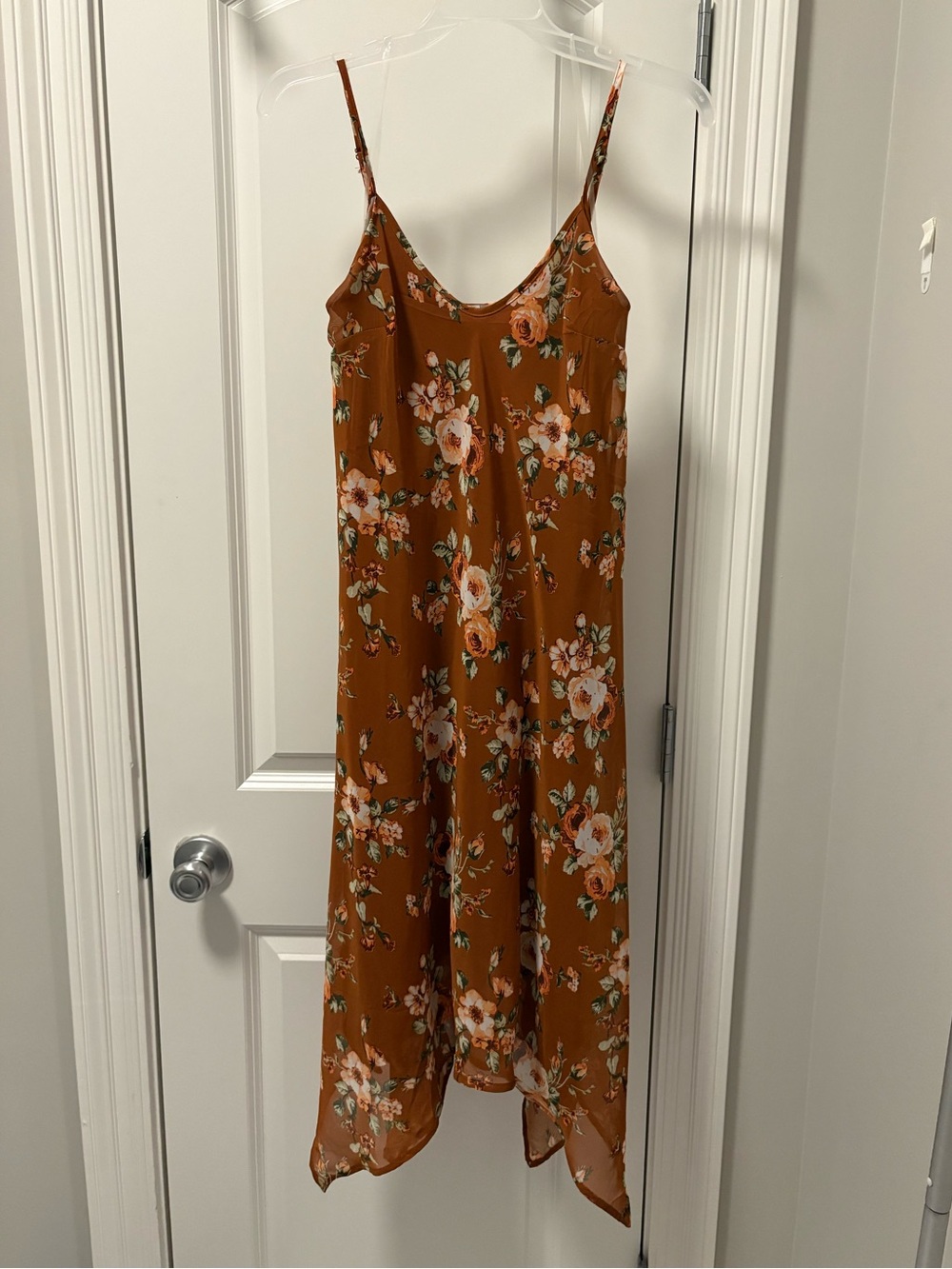 Asymmetrical Spaghetti Strap Floral Dress - Rust